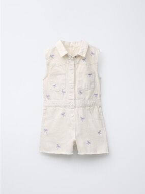 ZARA Cream Sleeveless Denim Romper with Lilac Bow Embroidery